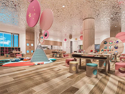 Bright Colorful Kindergarten Interior With Wooden Elements Playful Activity Area And Natural Light 3d model