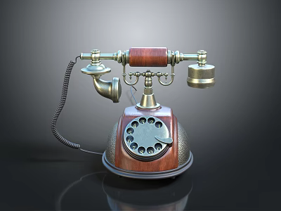 Classic Vintage Rotary Telephone With Wooden Body Metal Dial And Curved Cord 3d model