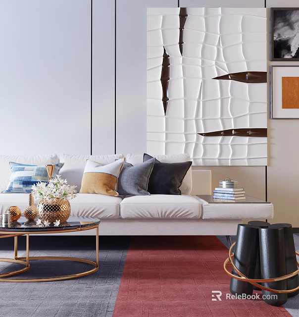 Modern Multi Seater Sofa With Decorative Pillows Coffee Table And Wall Art 3d model