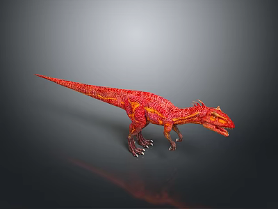 Red And Yellow Dinosaur Model With Detailed Skin In Dynamic Pose On Gray Background 3d model