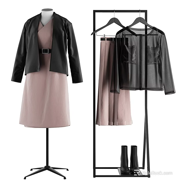 Chic Clothes On Hanger With Black Jacket Pink Dress Skirt And Black Coat 3d model 
