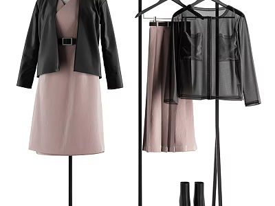 Chic Clothes On Hanger With Black Jacket Pink Dress Skirt And Black Coat 3d model