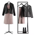 Chic Clothes On Hanger With Black Jacket Pink Dress Skirt And Black Coat