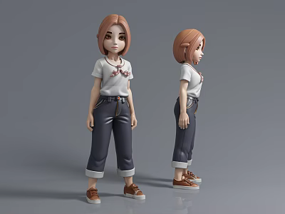 3D Female Model Front Side Views With Brown Hair White Tshirt Dark Jeans Brown Shoes 3d model