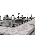 Stone Paved Courtyard With Square Pool Stone Lanterns Umbrellas And Symmetrical Layout 3d model