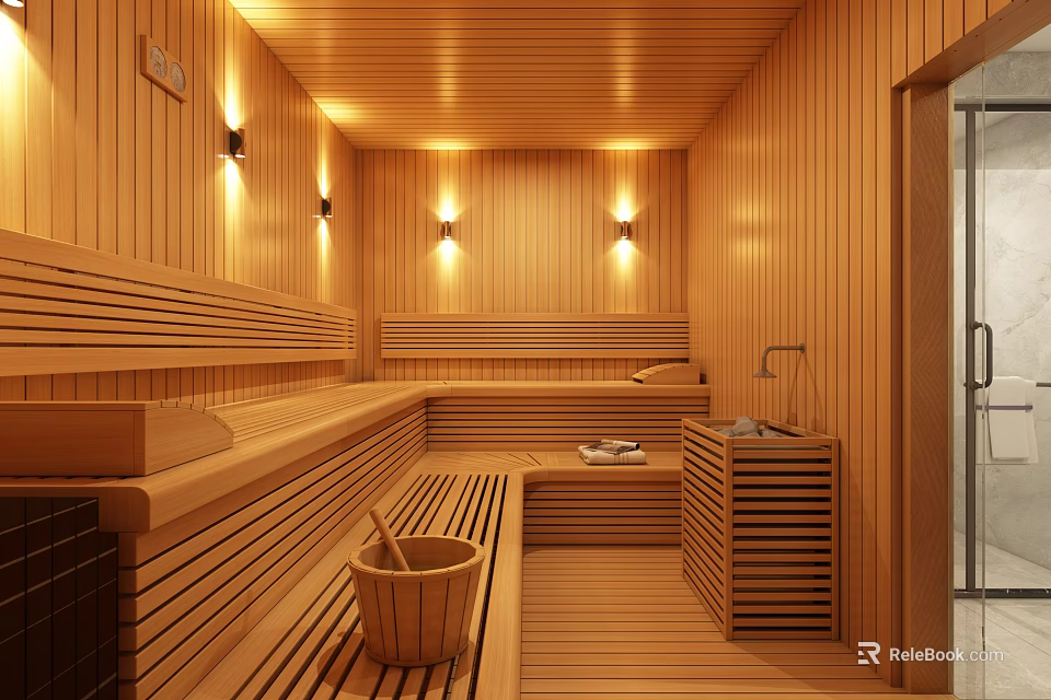 Cozy SPA Sauna Interior With Wooden Walls Benches And Bucket 3d model 