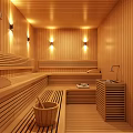 Cozy SPA Sauna Interior With Wooden Walls Benches And Bucket