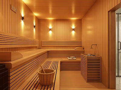 Cozy SPA Sauna Interior With Wooden Walls Benches And Bucket 3d model