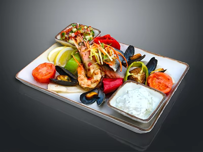 Delicious Fresh Seafood Platter With Prawns Mussels Tomatoes Lemon Slices And Yogurt Dip 3d model