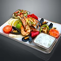 Delicious Fresh Seafood Platter With Prawns Mussels Tomatoes Lemon Slices And Yogurt Dip