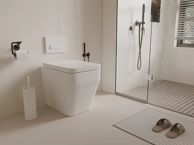 Modern White Toilet In Minimalist Bathroom With Shower And Accessories 3d model