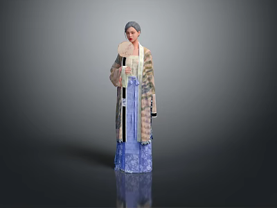 Elegant Traditional Long Coat With Fur Trim And Blue Lace Dress Design 3d model
