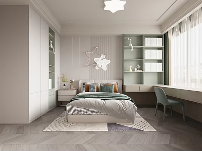 Cozy Modern Kids Room Interior With Bed Bookshelf Star Decoration And Window 3d model