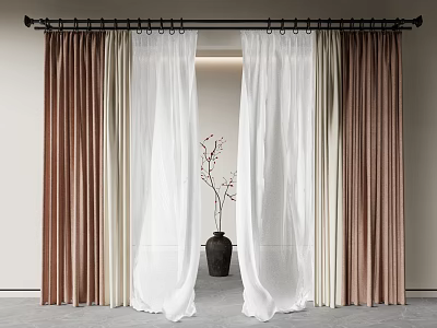 Modern Minimalist Brown Beige White Curtains with Vase and Branches on Gray Floor 3d model