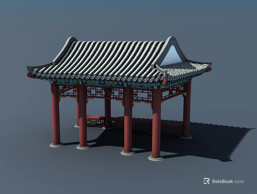 Traditional Chinese Pavilion With Red Pillars Striped Roof And Green Decorations 3d model 