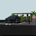 Audi Car Display on Platform With Palm Trees Street Lamp and Billboards