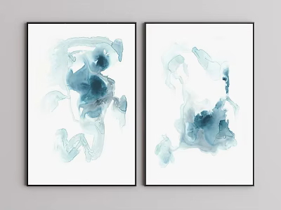 Blue And White Abstract Paintings With Fluid Ink Style For Interior Wall Art 3d model