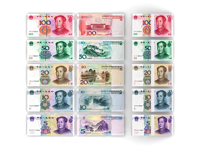 Various Denominations Of Chinese Yuan Banknotes Arranged In Orderly Rows 3d model