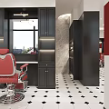 Elegant Bar Interior With Pool Table Red Chairs Black Cabinets Chandelier And Tiled Floor