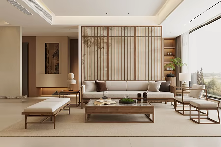 New Chinese Zen Home Living Room Middle and Ancient Style Restaurant Song Style Aesthetics Living Room Chinese Living Room Chinese Sofa Coffee Table Combination New Chinese Furniture 3d model