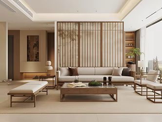 New Chinese Zen Home Living Room Middle and Ancient Style Restaurant Song Style Aesthetics Living Room Chinese Living Room Chinese Sofa Coffee Table Combination New Chinese Furniture 3d model