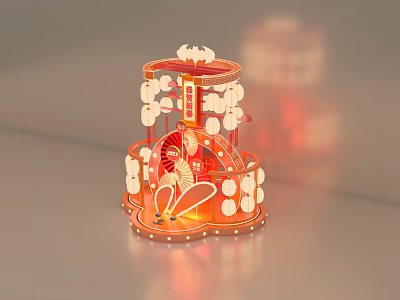 Traditional Red Multi Layered Decorative Lantern With Festive Lights And Tassels 3d model