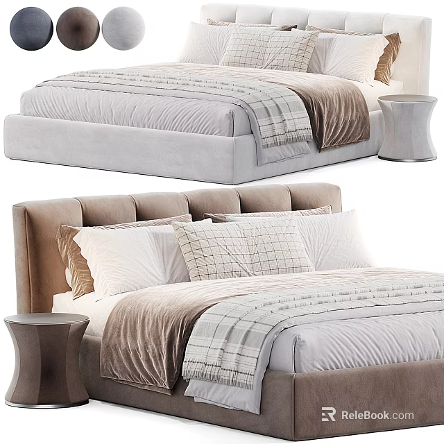 Upholstered Double Bed With Neutral Tones Multiple Pillows Plaid Comforter And Side Table 3d model 