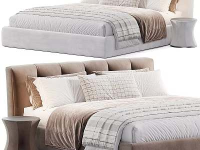 Upholstered Double Bed With Neutral Tones Multiple Pillows Plaid Comforter And Side Table 3d model