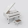Elegant White Piano With Ornate Carving And Wooden Stool For Musical Instruments And Art Supplies