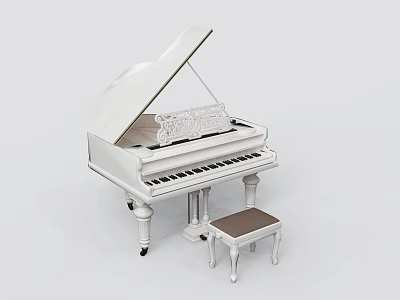 Elegant White Piano With Ornate Carving And Wooden Stool For Musical Instruments And Art Supplies 3d model