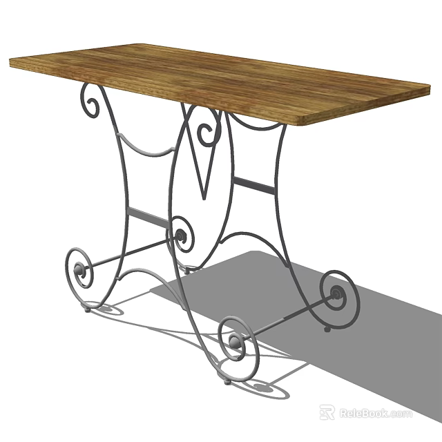 Wooden Top Console Table With Black Metal Scrollwork Frame Design 3d model 
