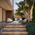 Modern Garden Landscape With Outdoor Seating Sofa Chairs Trees Stone Steps And Warm Lighting