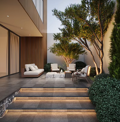 Modern Garden Landscape With Outdoor Seating Sofa Chairs Trees Stone Steps And Warm Lighting 3d model