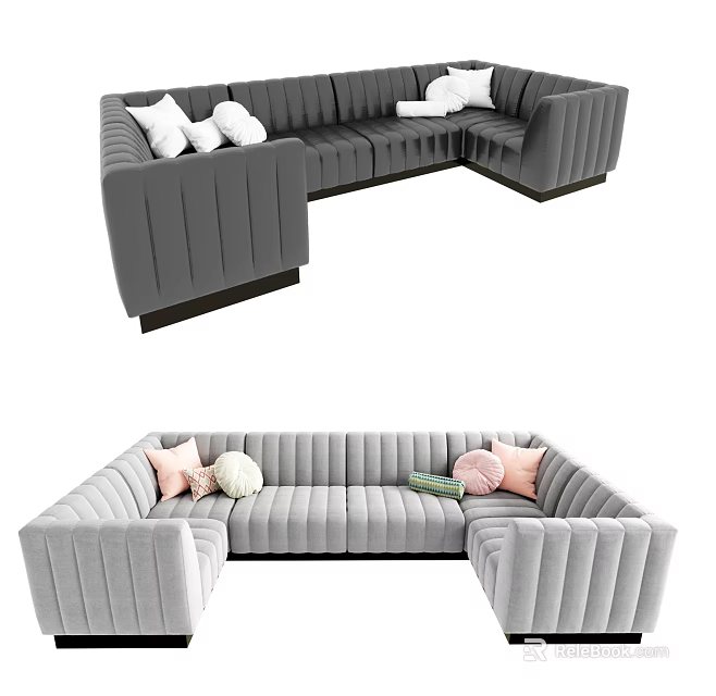 Modern L shaped Light Gray Sectional Sofa With Vertical Tufted Design And Colorful Throw Pillows 3d model 
