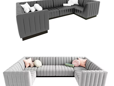 Modern L shaped Light Gray Sectional Sofa With Vertical Tufted Design And Colorful Throw Pillows 3d model
