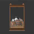 Wooden Display Cabinet With Glass Doors And Various Pottery Items