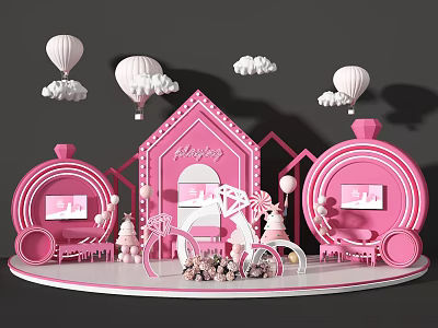 Pink Fantasy Play Scene With Little House Balloons Clouds Carriage And Bicycle 3d model