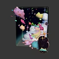 Cartoon Style Decorative Wall Art With Pink Clouds Yellow Stars And Colorful Elements