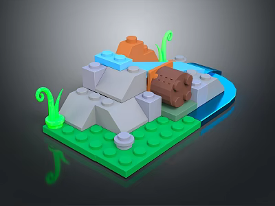 Colorful Building Blocks Scene With Green Baseplate Gray Rocks Blue Stream And Curly Green Plants 3d model