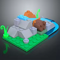 Colorful Building Blocks Scene With Green Baseplate Gray Rocks Blue Stream And Curly Green Plants