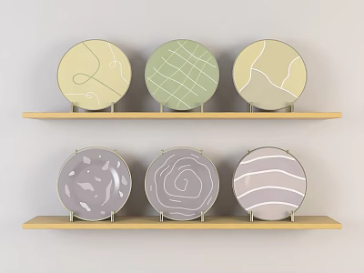 Decorative Plates With Various Patterns On Two Wooden Wall Shelves For Home Decor 3d model