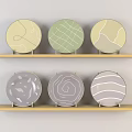 Decorative Plates With Various Patterns On Two Wooden Wall Shelves For Home Decor