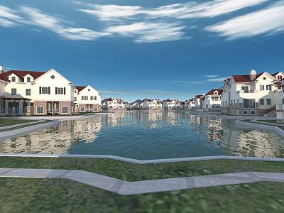 Row of Detached Villas with Red Roofs White Walls Water Pond Reflection and Green Lawn 3d model