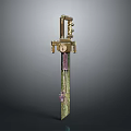 Ancient Weapon Sword Featuring Golden Hilt And Green Purple Blade Details