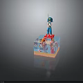 Colorful Fish Swimming in Transparent Cube with Pink Plants and Fishing Figure