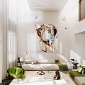 Modern Duplex Living Room Interior With Artwork Green Armchair Pendant Lights And Curtains