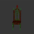 Red Gothic Style Wooden Chair With Intricate Carved Backrest Design