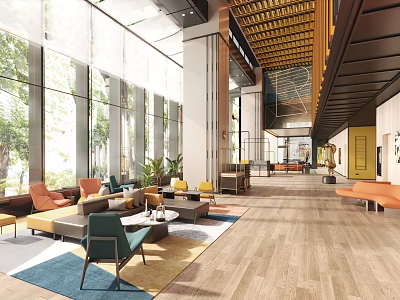 Modern Luxurious Hotel Public Lounge Interior Design With Large Windows Wooden Floors And Green Plants 3d model