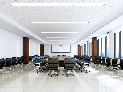 Bright Modern Conference Room Interior With Long Meeting Table Black Chairs And Projector Screen 3d model