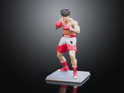 Male Boxer Figurine in Action Posing Stance With Red Gloves Shorts On Gray Base Stand 3d model